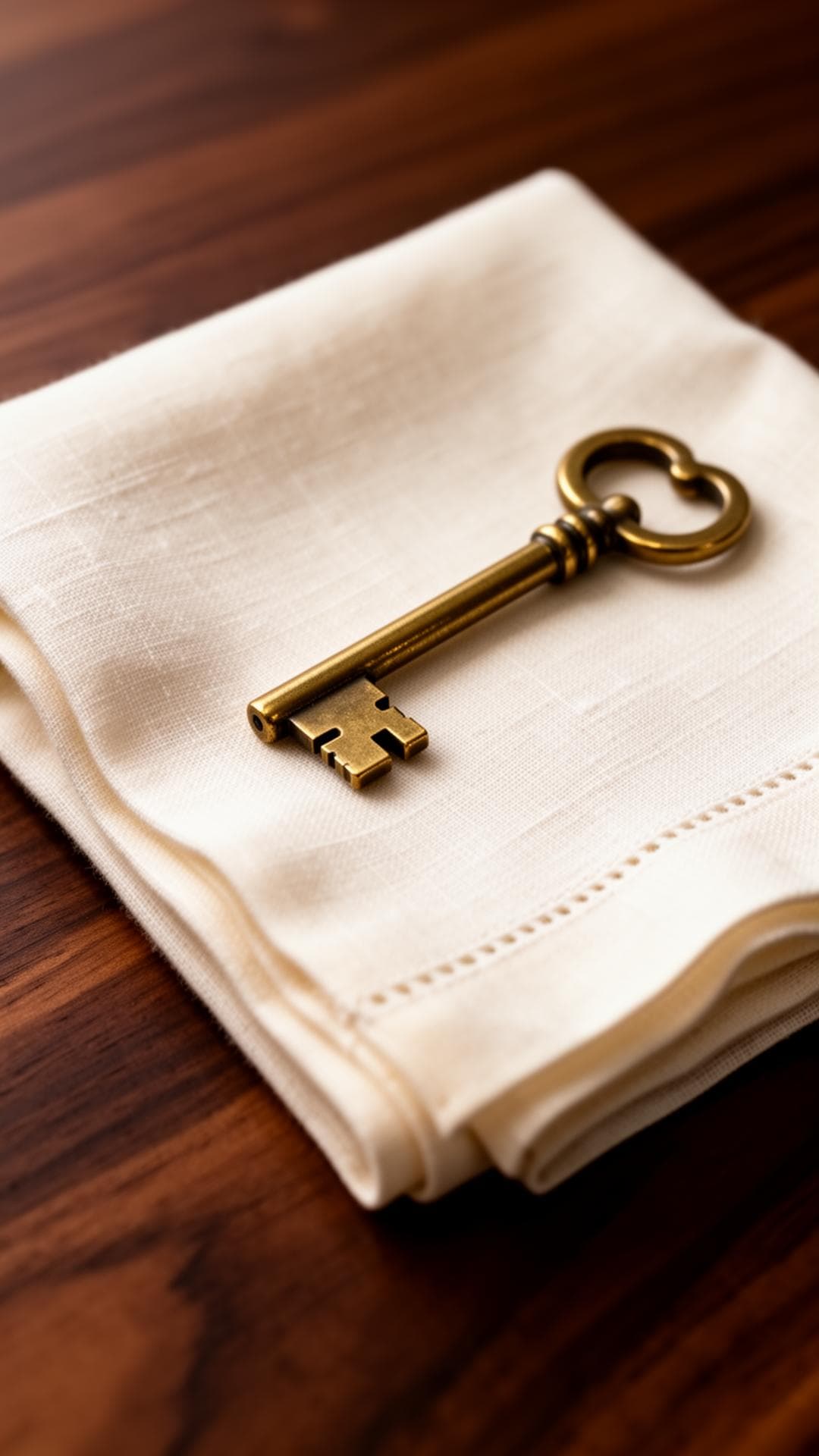 Brass key on linen napkin